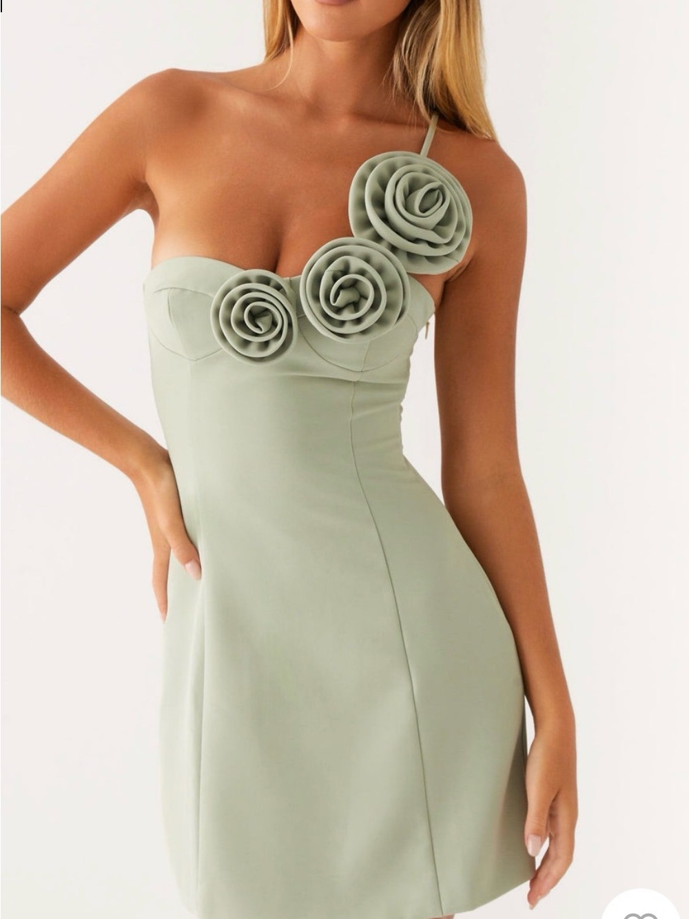 Strapless Sage Green Mini Dress with Rosette Detail